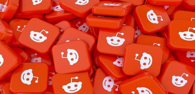 Buenos Aires, Argentina - April 07, 2023: 3D rendering a lot of square badges with the logo of Reddit in a close up view