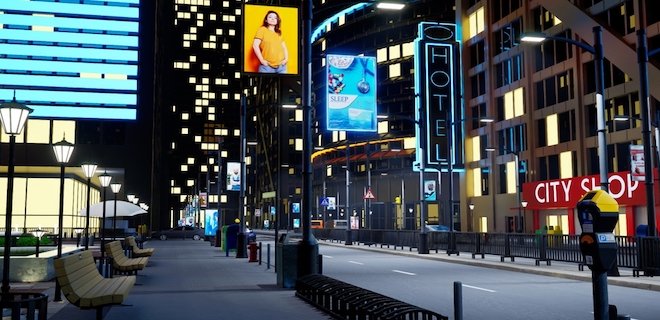 Urban city center at night with cars driving past skyscrapers. Empty metropolitan town with streets illuminated by outdoor advertising and lamp posts, 3d render animation. 3D Illustration