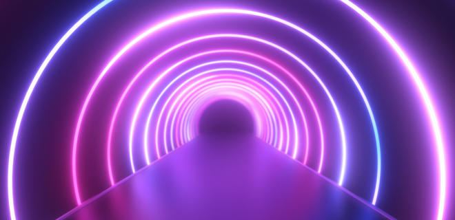 Futuristic Neon Laser Rings of Ultraviolet Fluorescent Light Tunnel - Abstract Background Texture