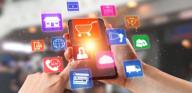 Omni channel technology of online retail business approach. Multichannel marketing on social media network offer service of internet payment channel, online retail shopping and omni digital app