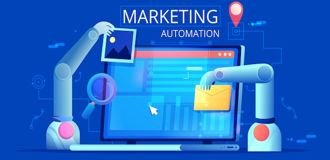 Marketing Automation. Computer with a site that builds the robot's hands. Vector flat illustration.